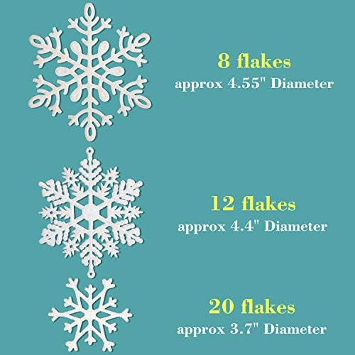 Whaline 40Pcs White Glitter Snowflake Winter Snowflake Ornaments Christmas Hanging Decorations with 197 Inches Silver Rope for Wedding Birthday Home Xmas Tree Window Door Accessories
