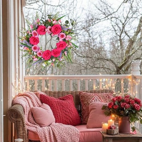 22 Inch Valentines Day Wreaths for Front Door Pink Peony Wreath with Roses Tulips Daisies Valentine Door Decorations for Home Wall Wedding Holiday Party Anniversary