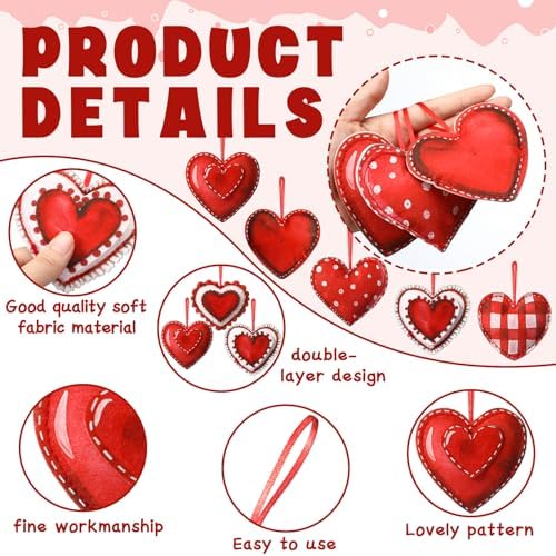 Breling 12 Pcs Valentines Red Felt Heart Ornaments, 3.75 in Hanging Decor