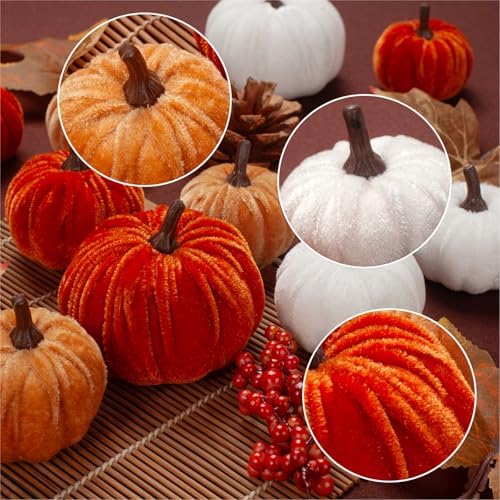21 PCS Fall Artificial Velvet Pumpkins Set, Fake Fabric Pumpkin Faux Foam Pumpkins, Orange Khaki White Pumpkin Decorations for Fall Harvest Thanksgiving Farmhouse Mantel Centerpiece