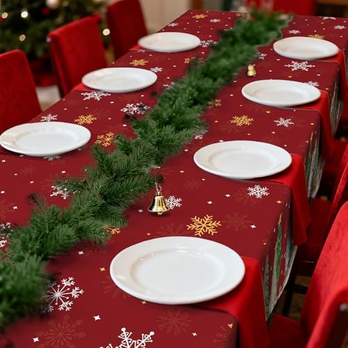 Gistome 3-Piece 54 x 108 Inch Christmas Tree Plastic Tablecloth – Holiday Disposable Red and Green Table Cover for Christmas Dinners, Winter Parties, and Indoor Outdoor Decorations