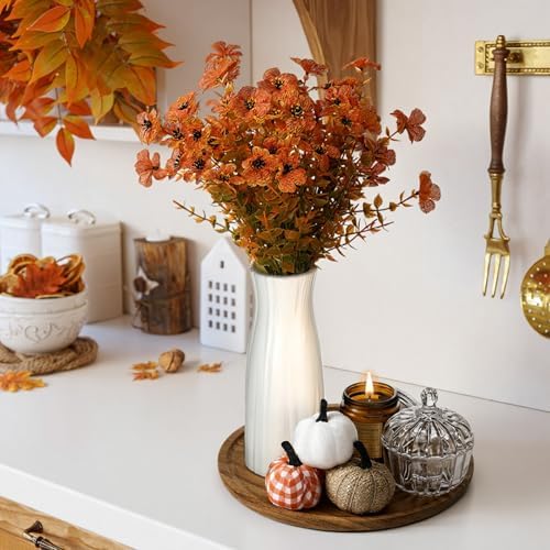 Pinkunn 10 Pcs Fall Wooden Decorative Tray Set with Round Wood Tray Scented Candles Burlap Faux Pumpkin Glass Pumpkin Sugar Bowl Artificial Fake Flowers Vase Autumn Decor Set for Thanksgiving Home