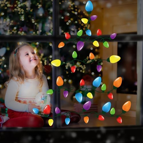 Cinrobiye 172 Pcs Christmas Window Clings Snowflake Decals Winter Wonderland Stickers Reindeer Snowman Elk Snowball for Holiday Home Decor, 9 Sheets (Bulb Light)
