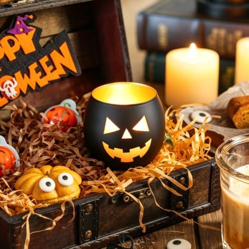 SHMILMH Halloween Table Centerpiece Candle Holders Set of 12, Black and Gold Glass Votive Holder with 6 Grimace, Tealight Holders Bulk for Halloween Party Decor