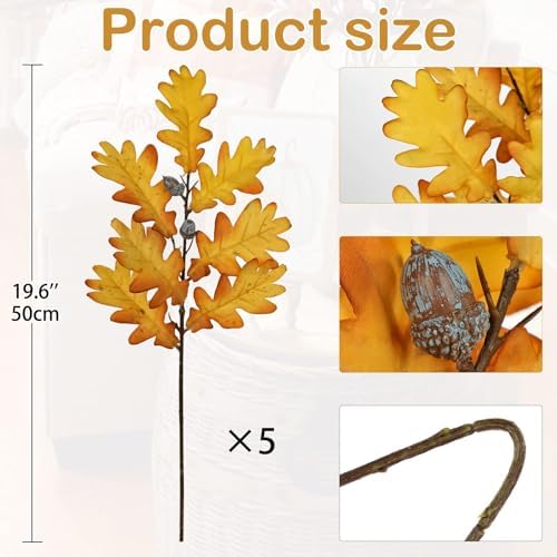 GnFlus 5 Pcs Artificial Fall Oak Leaves Stems 19.6” Fake Autumn Foliage Branches for Home Kitchen Farmhouse Vase Thanksgiving Table Centerpieces Party Halloween Decor Yellow