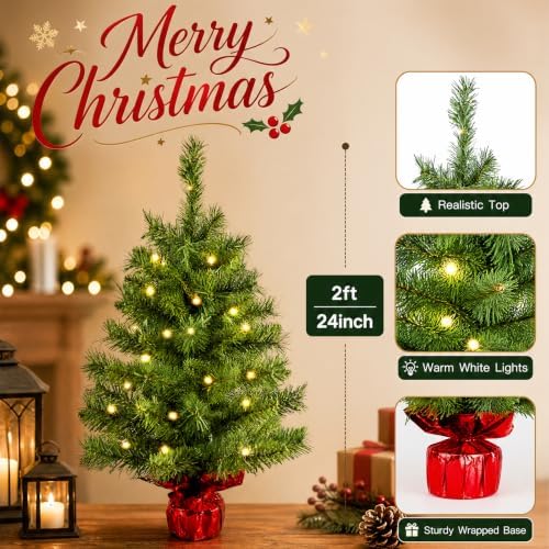 Pre-Lit 2ft Small Christmas Tree, Mini Tabletop Xmas Tree