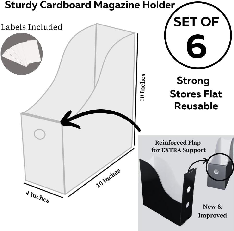 Evelots Magazine File Holder -Set of 6 White - Office Desk Organizer - Sturdy Cardboard - New Upgraded Double Front