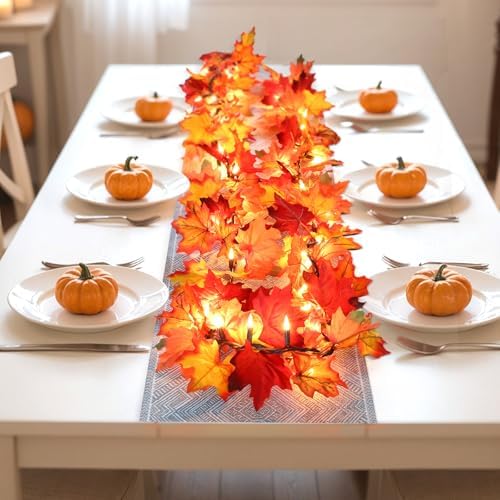 Fall Decorations Lighted Fall Garland, 9FT 50 Count Incandescent Lights Brown Wire UL Certified Connectable Maple Leaves String Lights for Home Party Fireplace Mantle Thanksgiving Decor (Orange, 9FT)