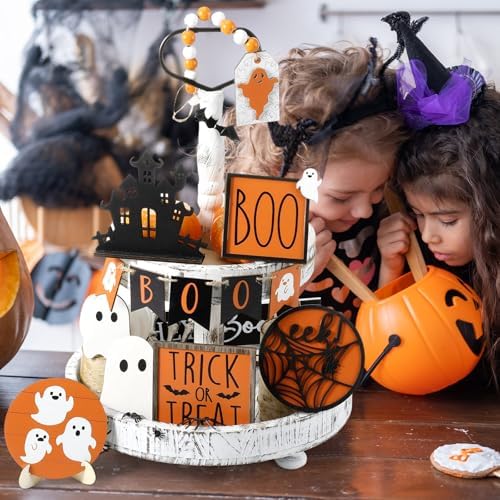 Umigy 15 Pcs Halloween Tiered Tray Decor Orange Ghost Wooden Signs Boo
