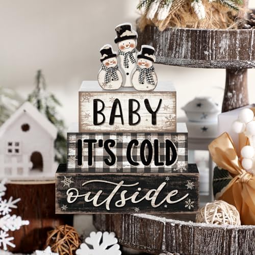 Yousoontic 4 Pcs Winter Snowman Plaid Figurines Set, Rustic Farmhouse Decor