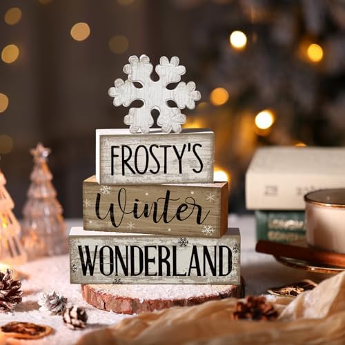 Lineshading 4 Pcs Winter Table Decorations Wooden Snowflake Decor Winter Tiered Tray Decor Rustic Snow Block Signs Gift