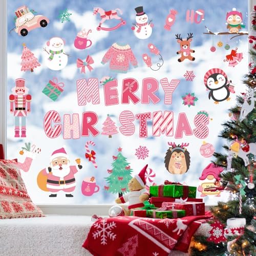 Whaline 9 Sheets Merry Christmas Window Cling Stickers Pink Cartoon Santa Snowman Penguin Reusable Window Decals for Xmas Winter Party Home Office Classroom Decoration