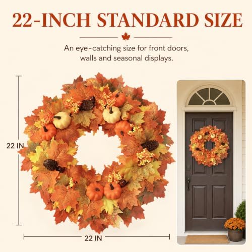 Wironlst 22 Inch Fall Wreaths for Front Door with Artificial Maple Leaf