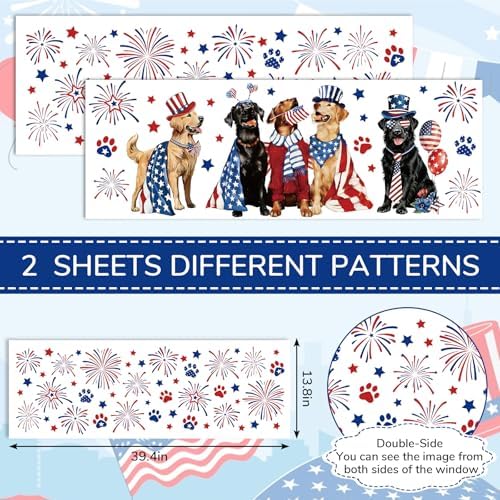 JarThenaAMCS 2 Sheet Patriotic Dog Window Clings Window Decal 4th of July Star Firework Dog Reusable Anti-Collision Windows Decor for 250th Anniversary Independence Day Memorial Day Party Supplies