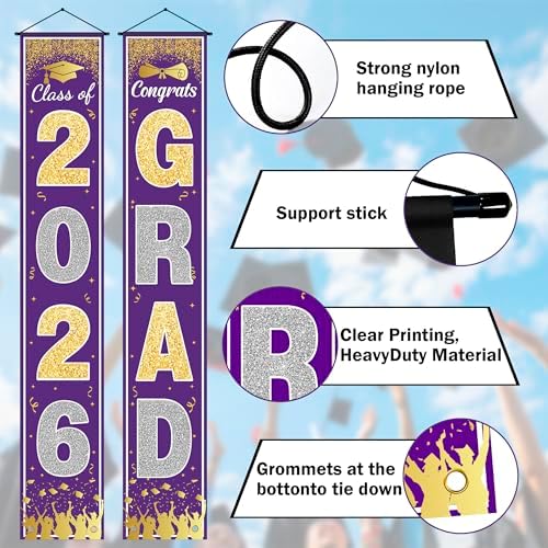 OHOME Graduation Decorations 2026 2027 - Purple Gold Congrats Grad Porch Banner for Graduation Party Decorations - Class of 2026 - Party Favors Supplies Backdrop Yard Signs Decor (Purple)