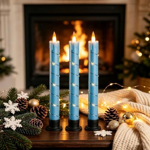 Flameless Cone Candle with Built-in Star String Light, 11 Button Remote Control, Timer, Battery Powered, Analog Flame, 3 Pack of Window Candles, Christmas Home & Wedding Decoration (Sky Blue)