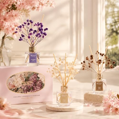 Airkeep Reed Diffuser Set of 3,Clean Linen Lavender Field Cedar Wood Oil Reed Diffusers for Bedroom Living Room Office