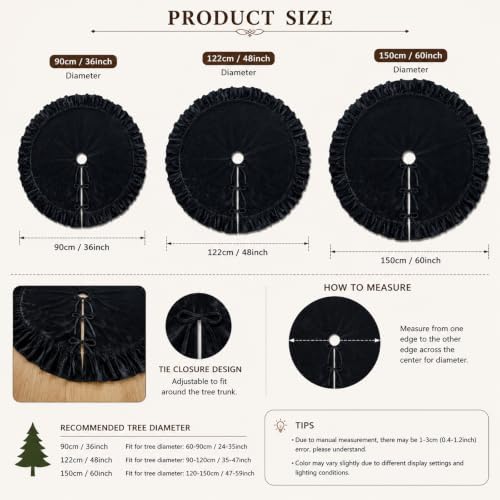Velvet Christmas Tree Skirt Black 36 inch Ruffled Holiday Tree Skirt for Rustic Xmas Tree Decoration
