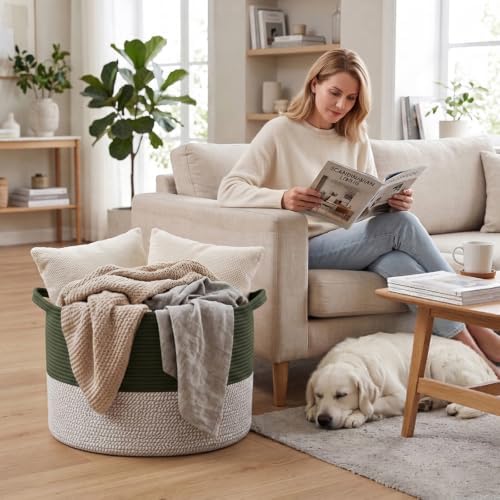 115L Extra Large Blanket Basket,Woven Laundry Basket-Green&White