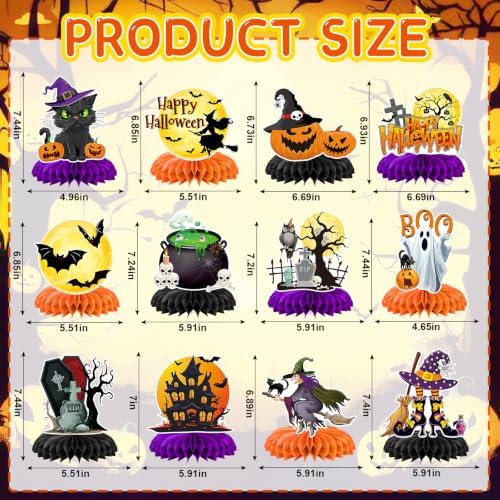 12Pcs Halloween Party Decorations Halloween Honeycomb Centerpieces for Table Double Side Spooky Witches Pumpkins Ghosts Table Centerpieces for Halloween Party Home Indoor Office Supplies Decorations
