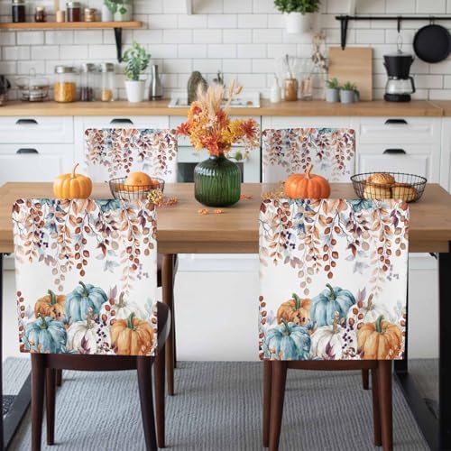 Fall Chair Covers Set of 4 Autumn Eucalyptus Leaf Chair Slipcover Protector Removable Stretch Chair Covers Maple Leaves Harvest Pumpkin Thanksgiving Chair Back Covers for Dining Chairs Kitchen Party