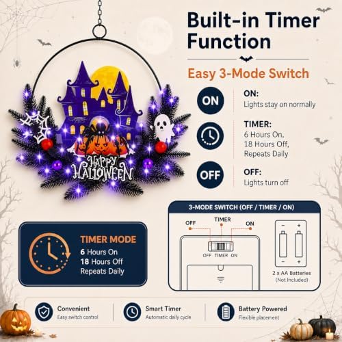 Pre-Lit Halloween Wreath for Front Door, Lighted Spider with 6H On/18H Off