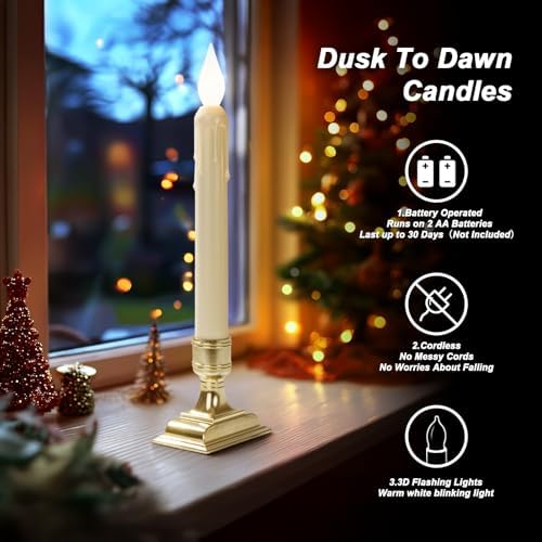 6 Pcs Sensor Dawn to Dusk Window Candles, Flickering Battery Candles for Windows, Ultra Bright Fake Candle Lights with Gold Holders, Led Candlesticks for Xmas Home Decor, White Light