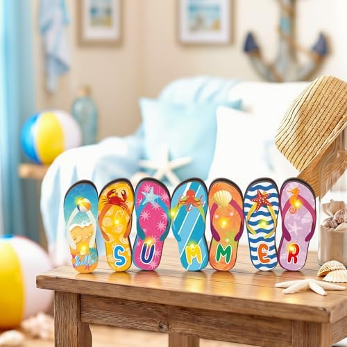 Yousoontic Summer Beach Flip Flop Table Centerpiece Decor - 3D Wooden Slippers Sign with LED Lights, Hawaii Luau Tropical Decor for Home Mantel, Desk & Party
