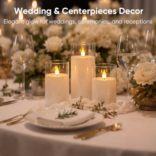 Homemory Pure White Flameless Candles, Battery Operated Acrylic LED Pillar Candles with Remote Timer, Realistic Flickering Fake Candles for Home Decor, Christmas, Wedding, Church, Set of 3