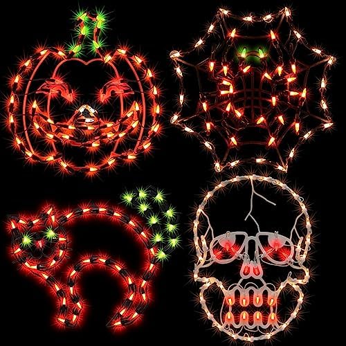 LAMPHOME Halloween Decorations - Window Silhouette Holiday Displays, Lighted Jack-O-Lantern, Cobweb, Skull, Cat for Party, Home, Indoor, Tabletop Ornaments (4-Pack)