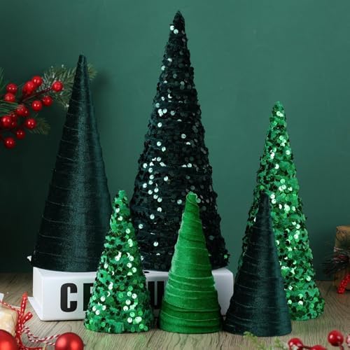 6 Pcs 12" 10" 6" Christmas Green Velet Cone Tree Decoration Christmas Glitter Table Tree Farmhouse Tree Tiered Tray Ornament Xmas Tree for Home Holiday Entryway Tabletop Tree Centerpiece Decor