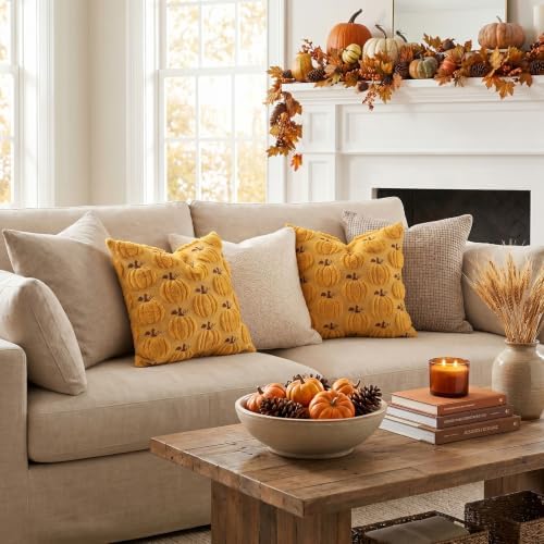 Artscope Fall Pumpkin Throw Pillow Covers 16x16 Set of 2, Autumn Soft Plush Faux Fur Decoration Cushion Covers for Thanksgiving Holiday Couch Sofa Bedroom Home Decor-Mustard Yellow