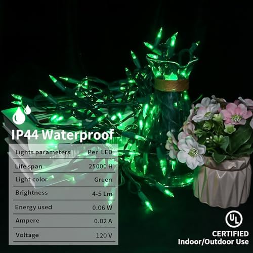 Green LED Christmas Lights - 100 Count Green Christmas String Lights for Tree, Party, Holiday, Indoor and Outdoor St. Patrick's Day Decorations, 33 Feet Green Wire, UL Certified, Connectable