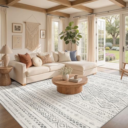 Nakagishi Area Rug Living Room Rugs: 9x12 Large Soft Machine Washable Boho Moroccan FarmNeutral Stain Resistant Indoor