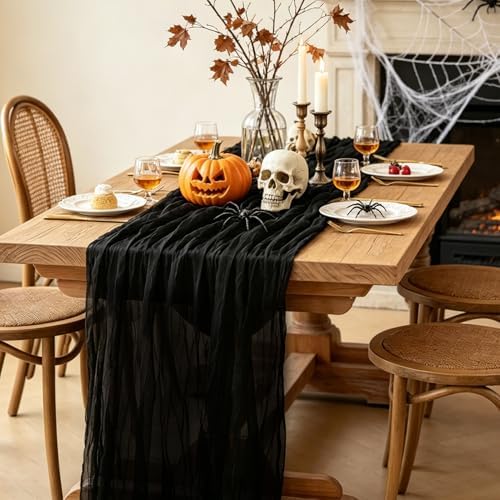 Black Table Runner, 10FT Black Cheesecloth Halloween Table Runner 35*120inch Boho Runner for Halloween Indoor Table Kitchen Party Decorations