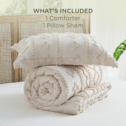 Bedsure Tufted Boho Comforter Set Twin Size - Ivory Boho Bed Set, GentleSoft™ 2 Pieces Farmhouse-Style Embroidery