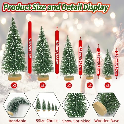 Yahpetes Christmas Trees 10 Pcs Bottle Brush Christmas Trees 5 Size Artificial Christmas Sisal Snow Frost Trees Pine Trees with Wood Base for Tabletop Christmas Party Home Indoor Decor (Dark Green)