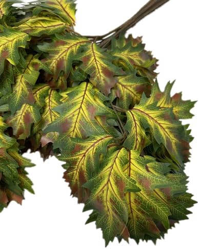 12pcs Artificial Oak Tree Branch Faux Eiche Leaf Stem Three Forks per piece for Greenery Wall Floral Decoration (Yellow Green)