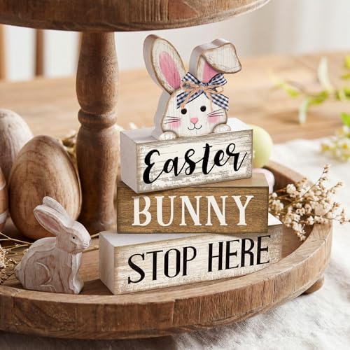 Moucuny 4 Pcs Easter Bunny Wood Signs Farmhouse Tiered Tray Table Decor