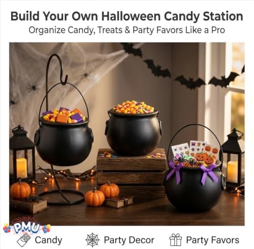 PMU 3 Pcs Halloween Small Cauldron 6 Inch Witch and Wizard Trick or Treat Blow Mold Plastic Candy Basket Black Cauldron for Home Decoration and Halloween Party Favors