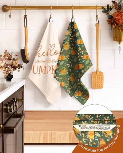 Miss Adola Fall Flour Sack Kitchen Towels Set of 2, Mushroom Pumpkin