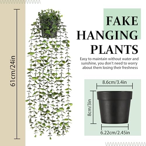Waipfaru 2Pcs Fake Hanging Plants with Pot, Potted Faux Eucalyptus