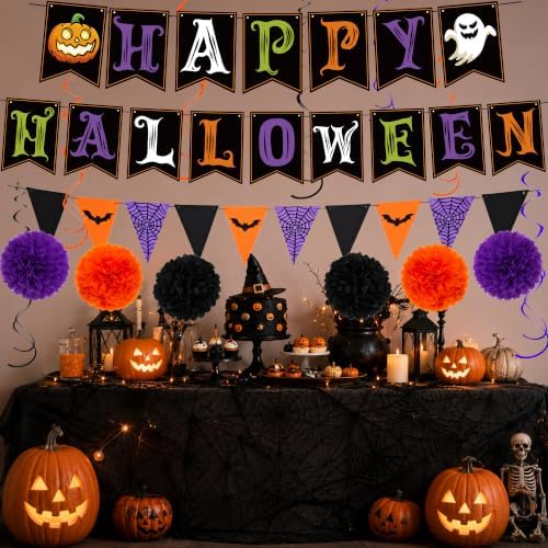 Halloween Decorations - HAPPY HALLOWEEN Banner with Hanging Swirls Pompoms