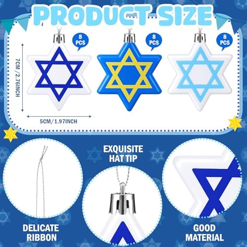 Chunful 24 Pcs Hanukkah Ornaments for Tree Star Hanging Ornaments Shatterproof Star of David Tree Decorations Chanukah Balls Blue and White Jewish Christmas Decorations for Xmas Party Supplies