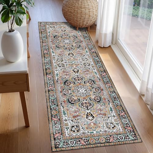 Washable Area Rug 2'6'' x 8' Vintage Traditional Persian Mat - Foldable Distressed Non-Slip Machine Washable Carpet for
