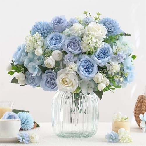 8 Pcs Mixed Artificial Peony Flowers Set-4 Bouquets & 4 Stems, Blue Fake Peony Rose Hydrangea Flowers for Vase Silk Floral Arrangements for Table Centerpiece Wedding Party Bridal Decoration Home Decor