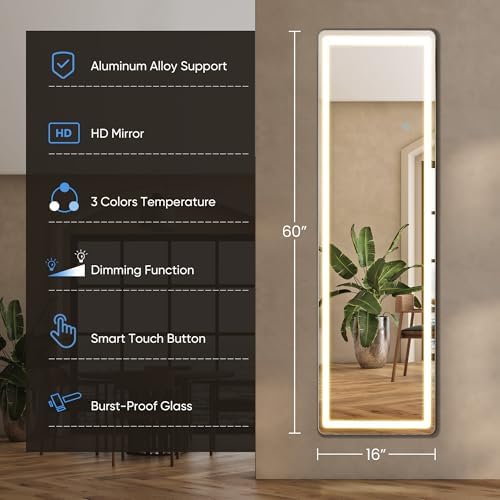 16"x60" LED Full Length Mirror with Stand, Full Body Wall Mirror