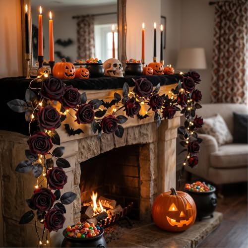 Auihiay 60Pcs Black Artificial Roses, Faux Halloween Flowers, Balck Roses