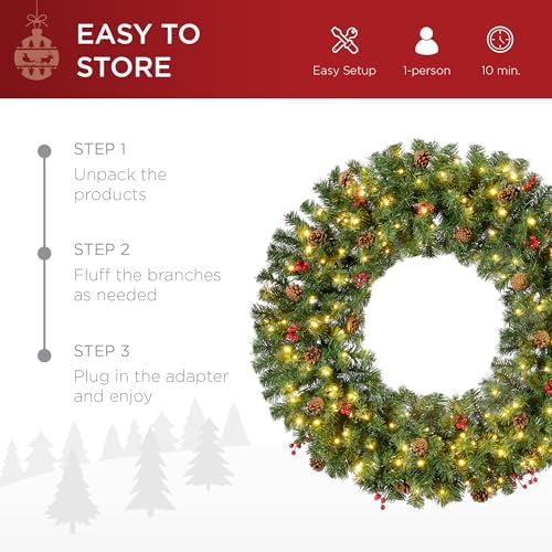 Best Choice Products 30in Pre-Lit Christmas Wreath w/Berries & Pinecones, Large Artificial Indoor/Outdoor Decor for Door, Mantel, Plug-in