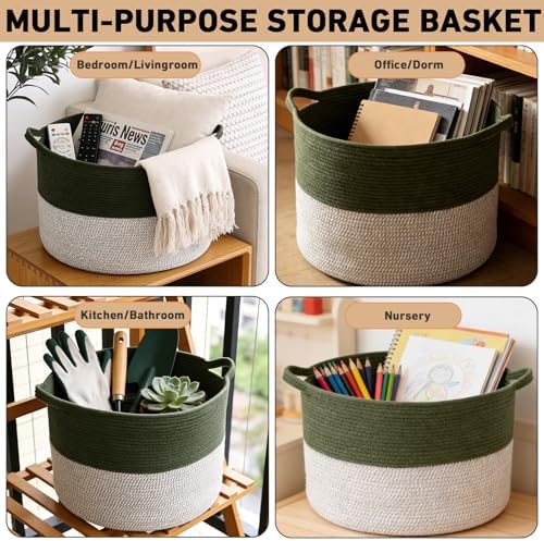 115L Extra Large Blanket Basket,Woven Laundry Basket-Green&White